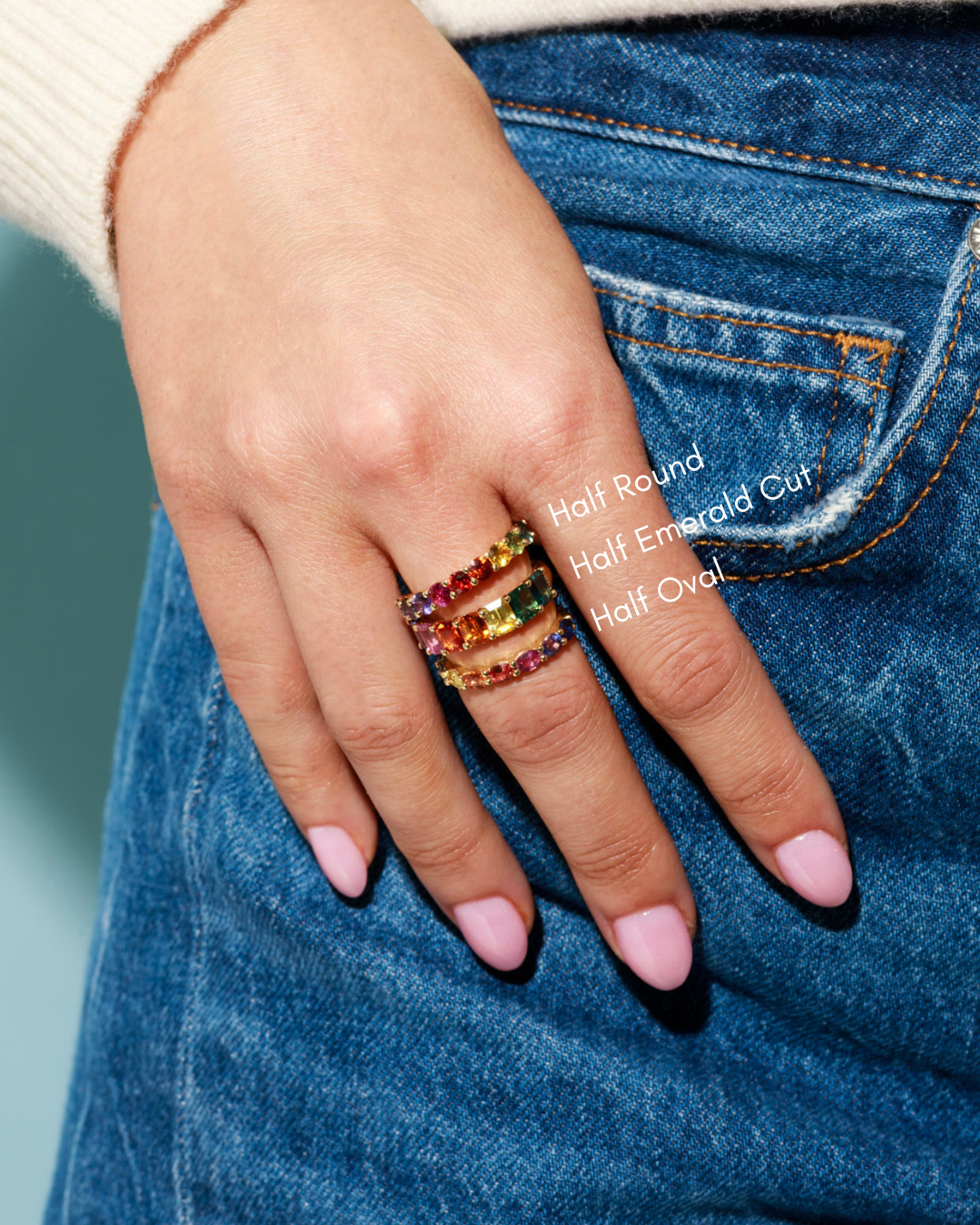 5×4 Emerald Cut Rainbow Sapphire Half Band